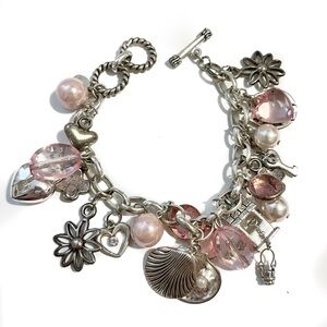 Vintage Cookie Lee Silver and Pink Moving Parts Charm Bracelet